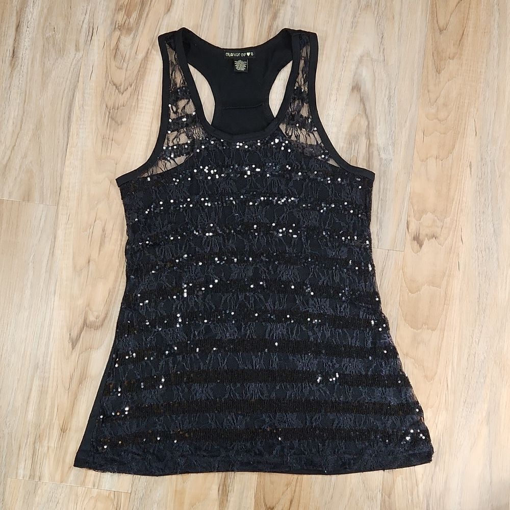 🔺️Crown of ❤'s Black Sheer Lace & Sequined Flowy Sleeveless Racerback Top Large